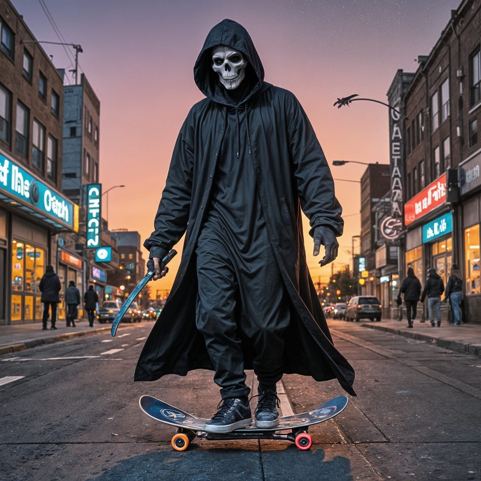 Grim Reaper Skateboarding in City at Dusk