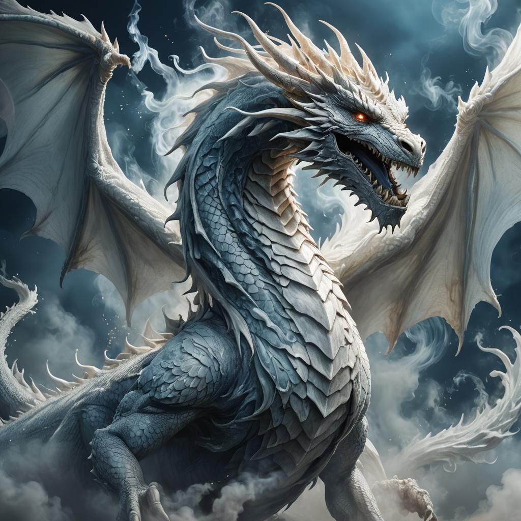 Majestic White Dragon Emerging from Ethereal Smoke