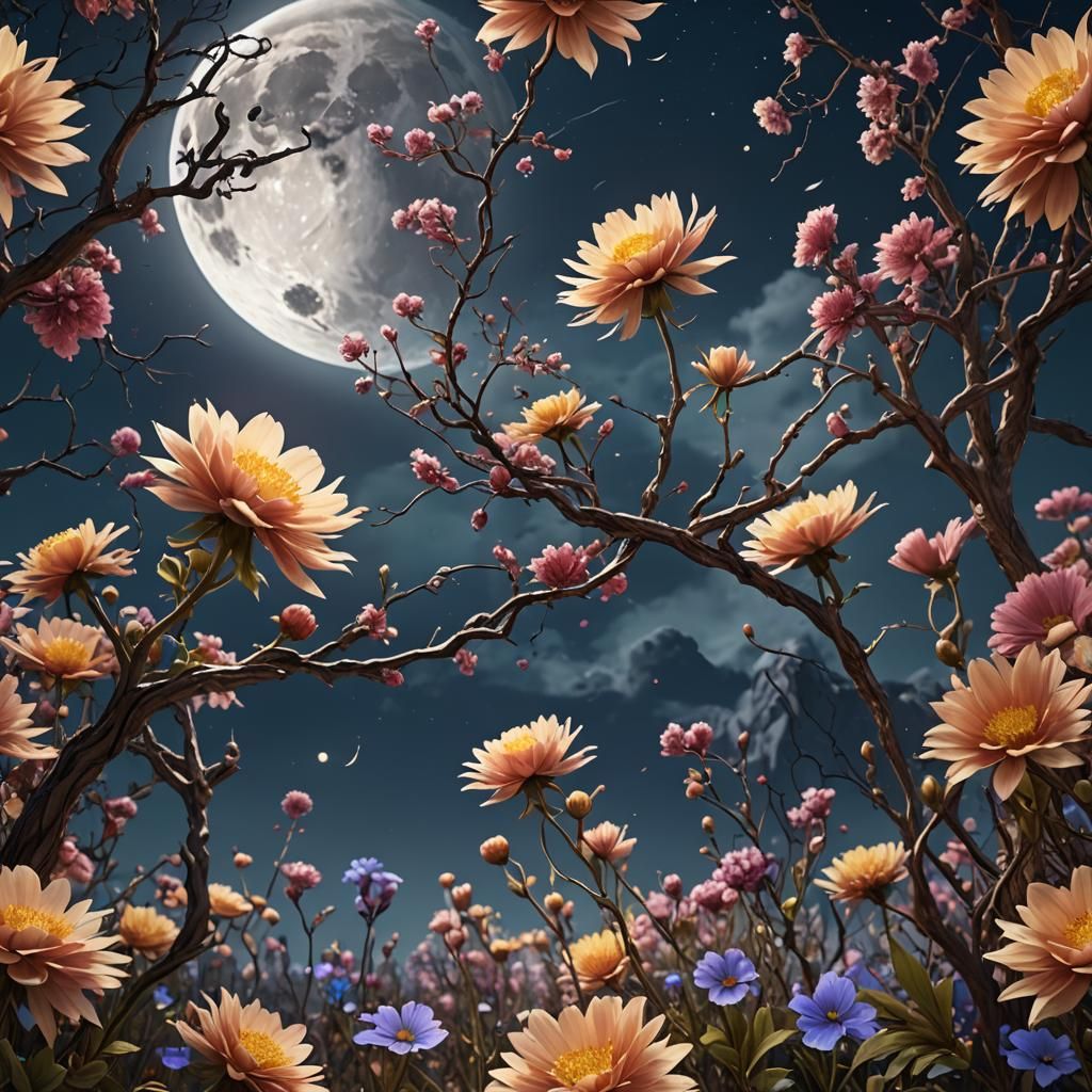 Blooming Flowers Dancing Under Full Moon, Matte Painting