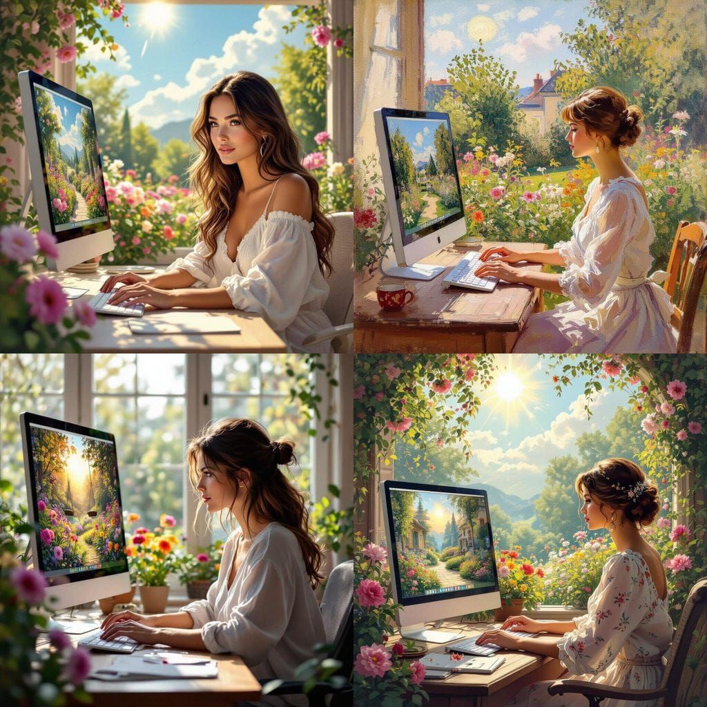 Woman Creates Art on PC Featuring Sunny Garden Scene