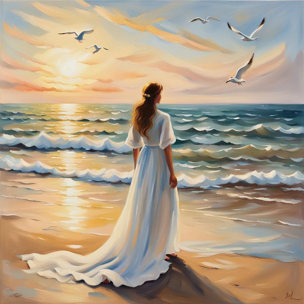 Woman on Beach in Impressionist Oil Painting