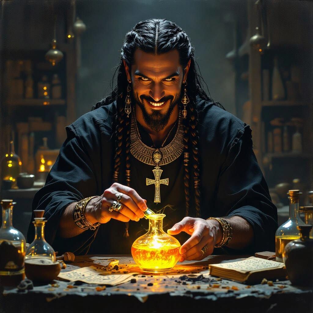 Egyptian Alchemist Crafts Glowing Elixir in Dim Lab