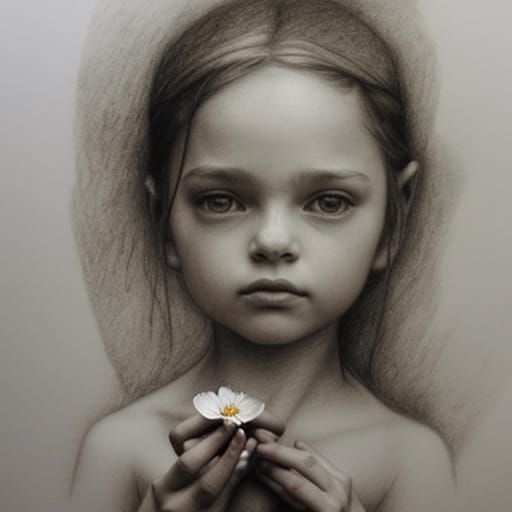 Girl Holding Flower in Pencil Sketch Style