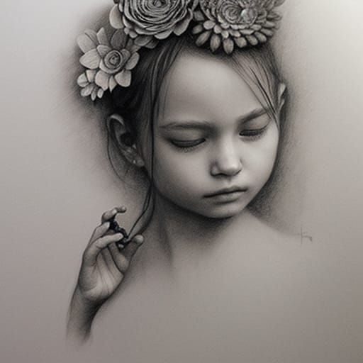 Girl Holding Flower: Delicate Pencil Sketch