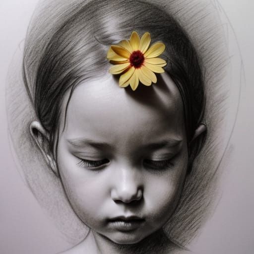 Girl Holding Flower in Pencil Sketch Style