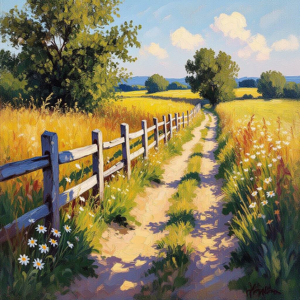Impressionist Oil Painting of Old Wooden Fence in Warm Light