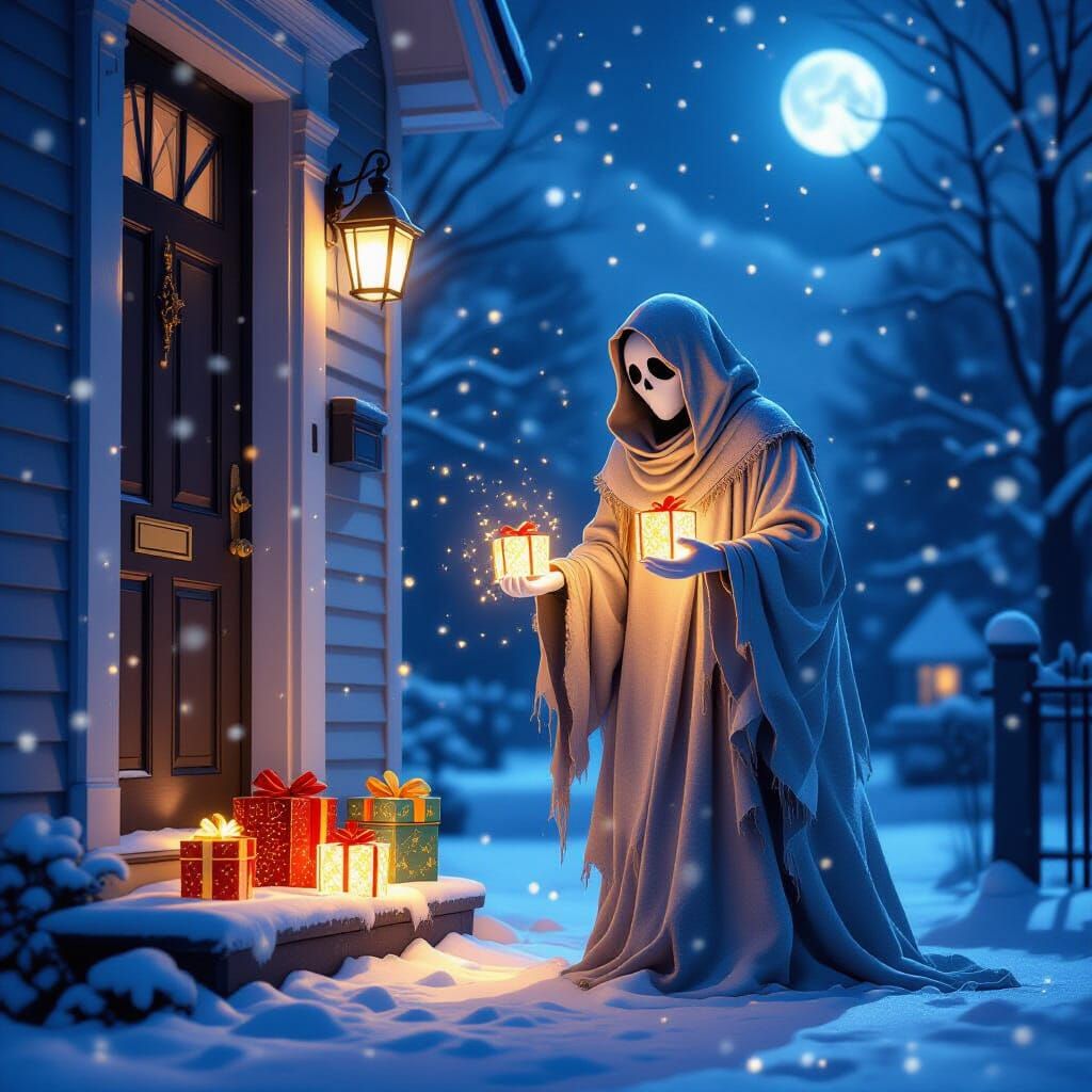 Ghostly Figure Delivers Glowing Gifts Under Moonlight Snowfa...