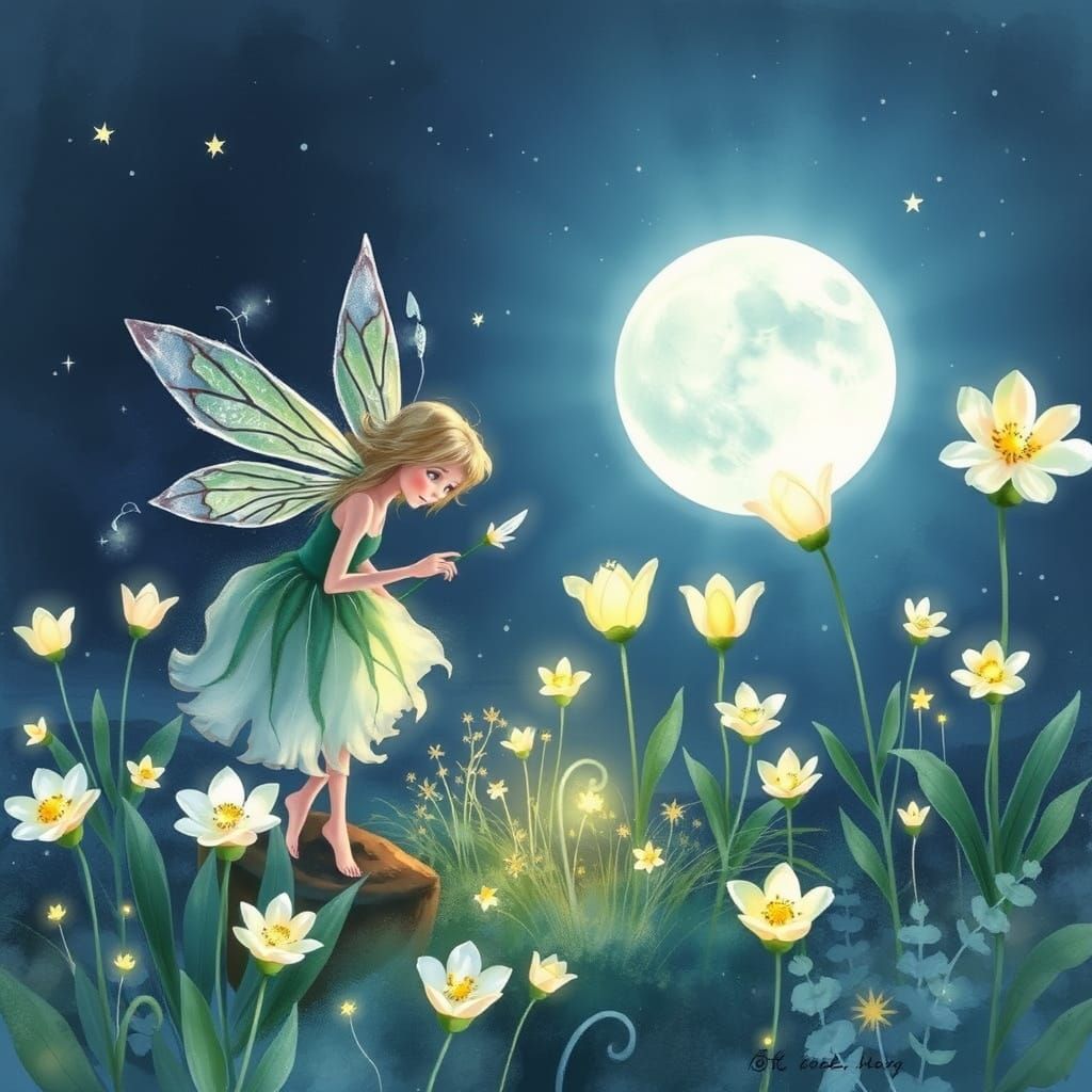 A whimsical fairy tending to a glowing, otherworldly garden.