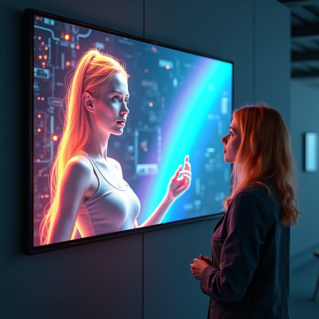 Holographic Woman Addresses Young Woman in Cyberpunk Style