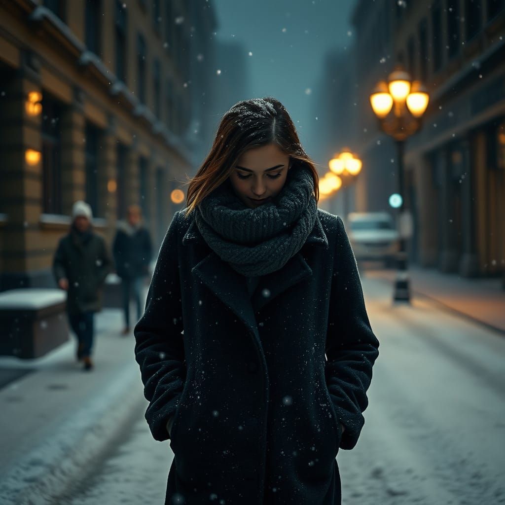 Winter Solitude: Woman in Snowy Cityscape
