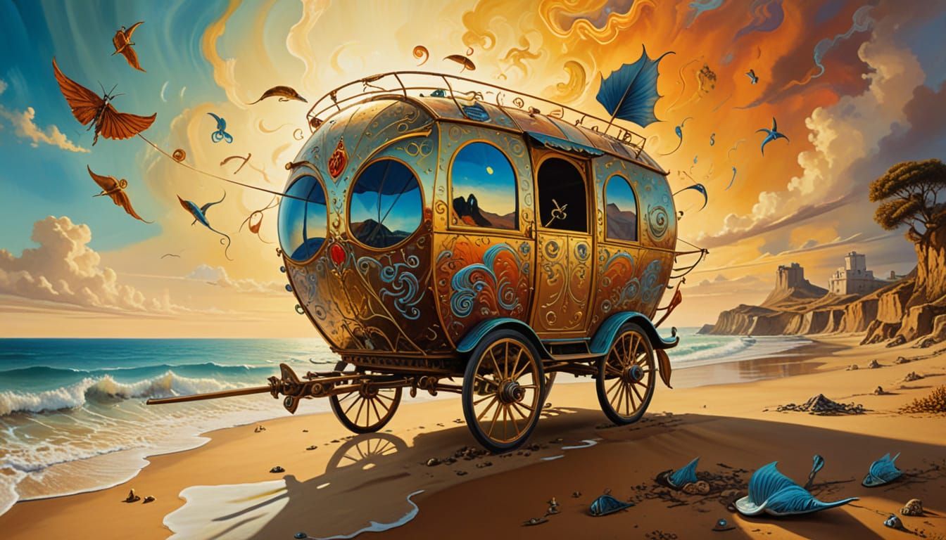 Surreal Gypsy Caravan with Fins and Sword