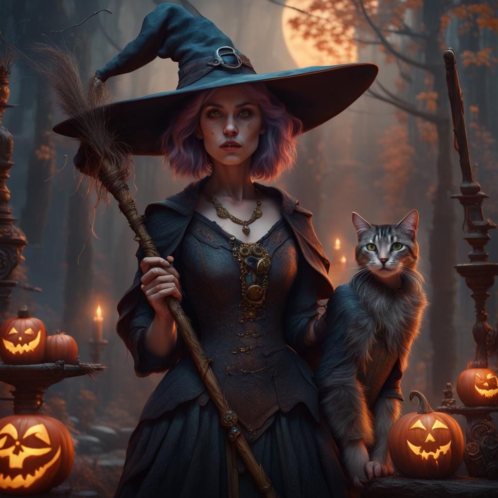 Fantastical Witch and Cat Matte Painting