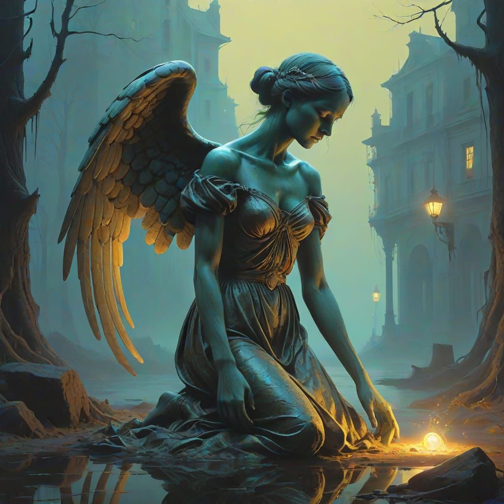 Hyper-Realistic Sfumato Scene with Fallen Angel