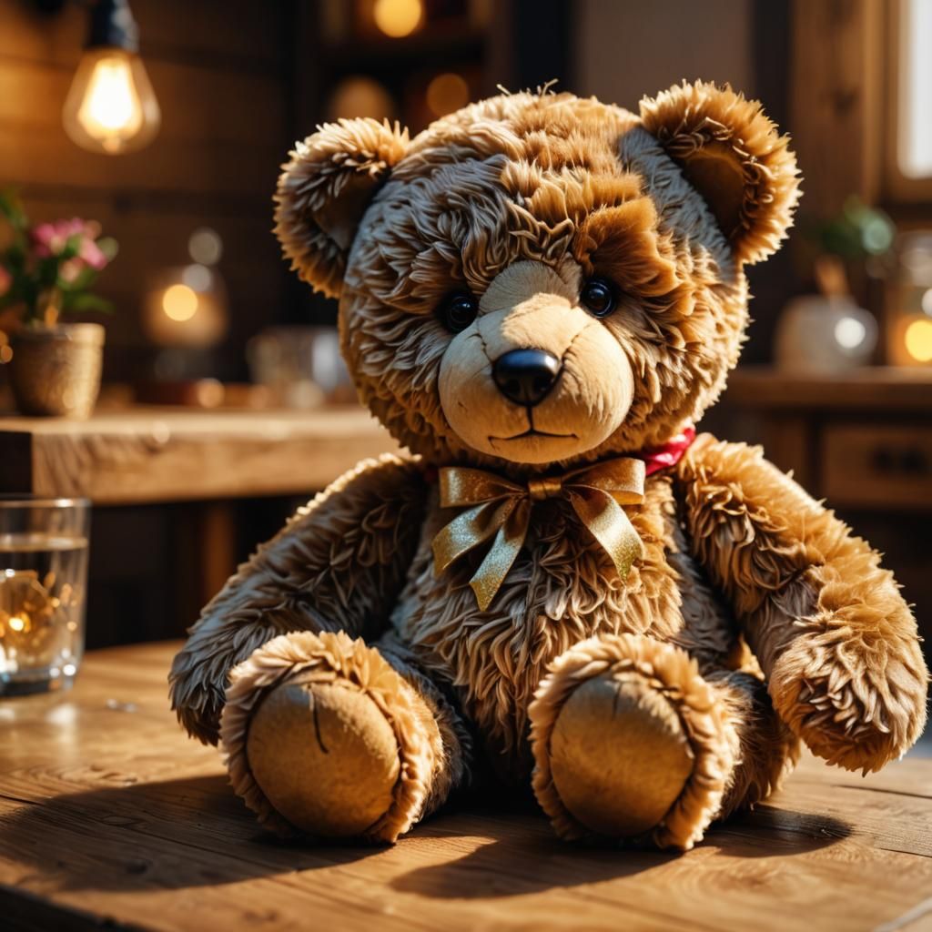 Hyper-Realistic Plush Teddy Bear on Wooden Table