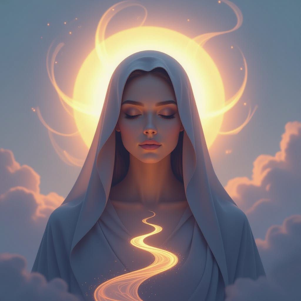 Spiritual Figure Bathed in Golden Light Towards Portal