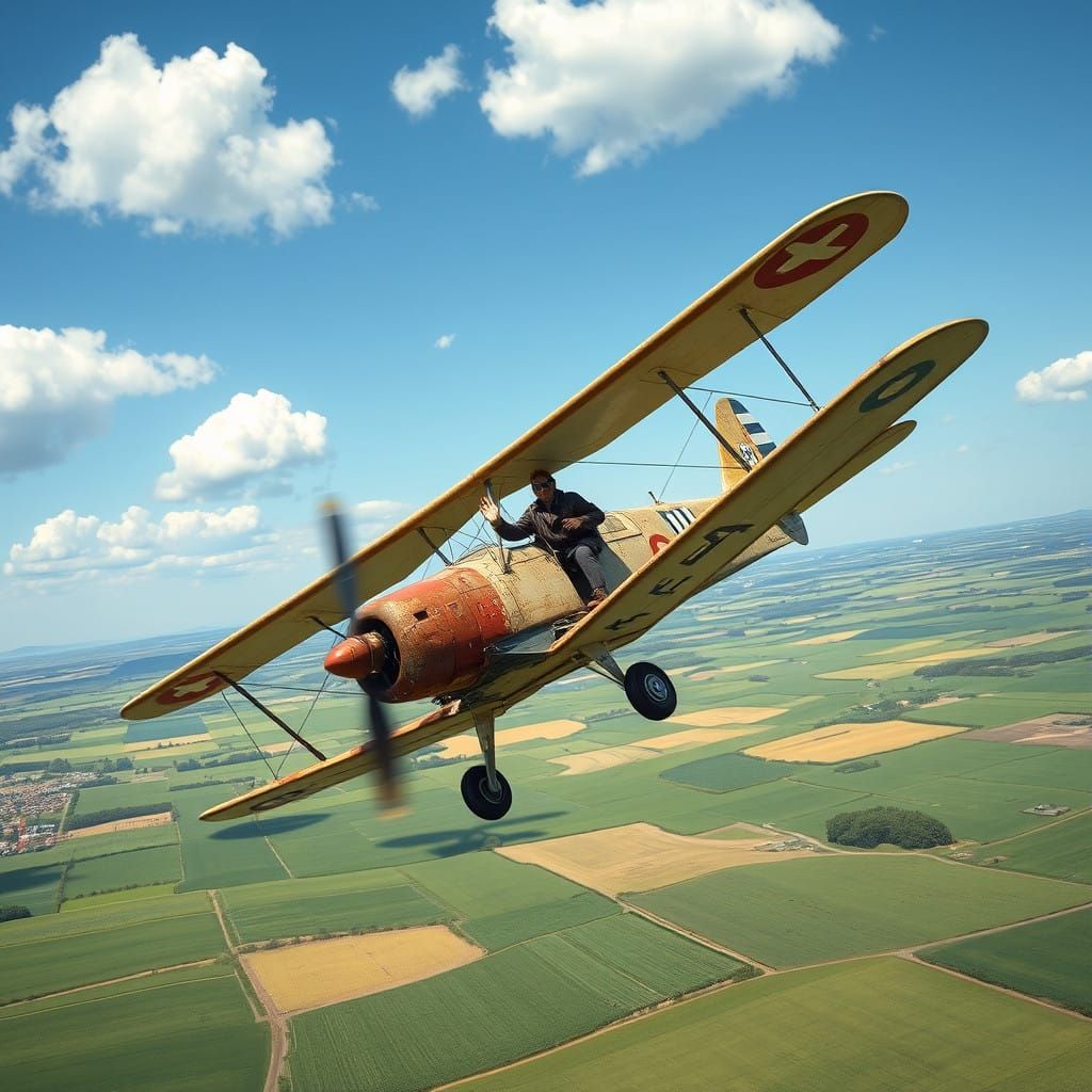 Vintage Crop Duster Soars Over Rolling Farm Landscape