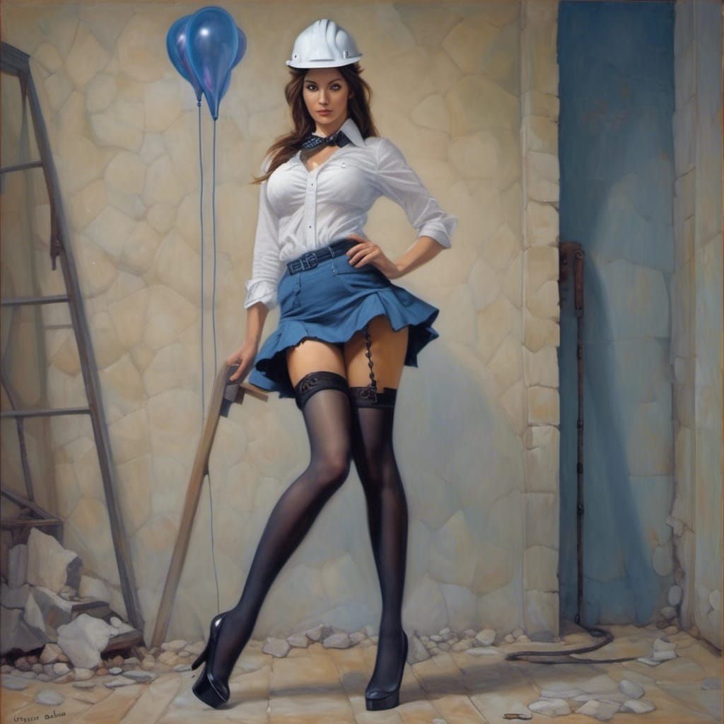 <lora:prettygirl:1.0> Burlesque caucasian woman blue miniskirt tight white blouse high heels thigh-high stockings hardha...