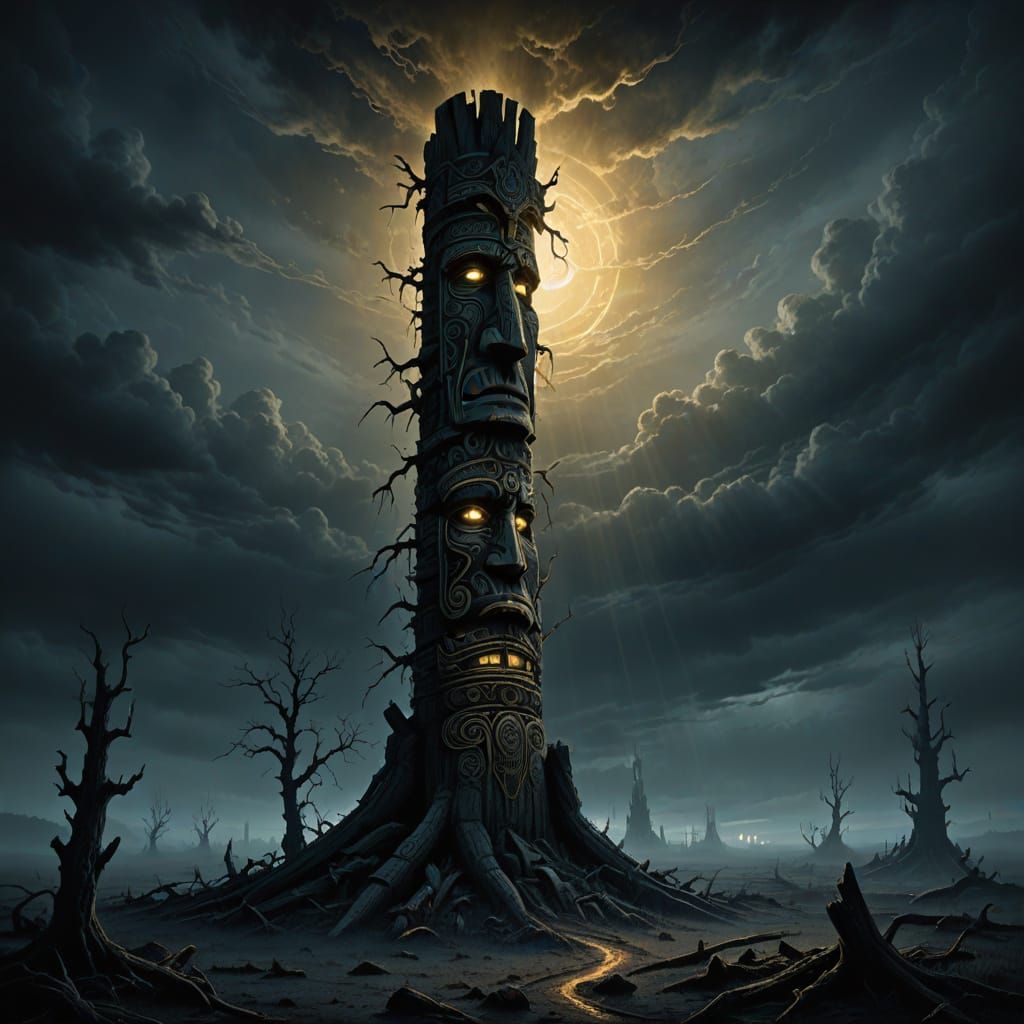 Mysterious Totem Pole in Desolate Dark Fantasy Landscape