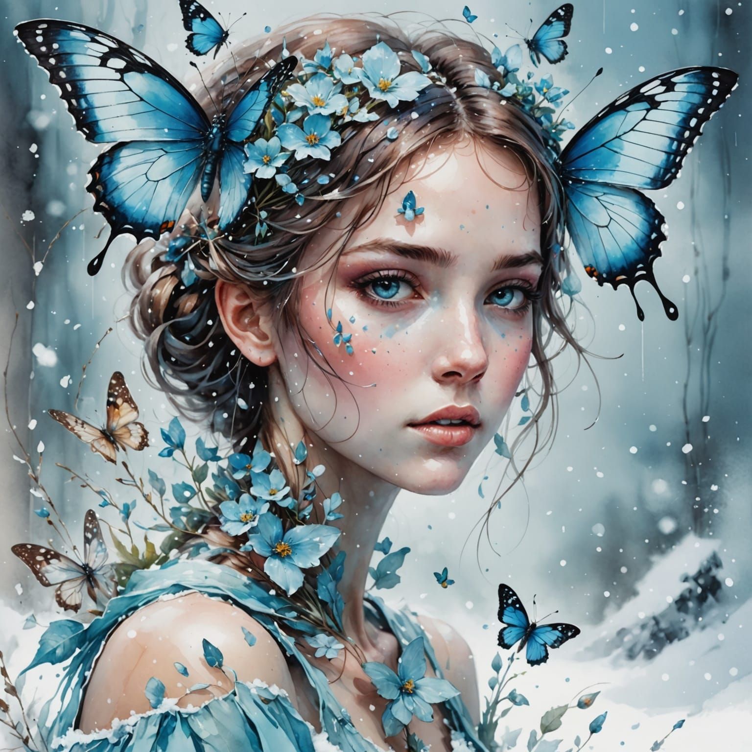 Delicate Butterfly on Pale Blue Flower in Snow