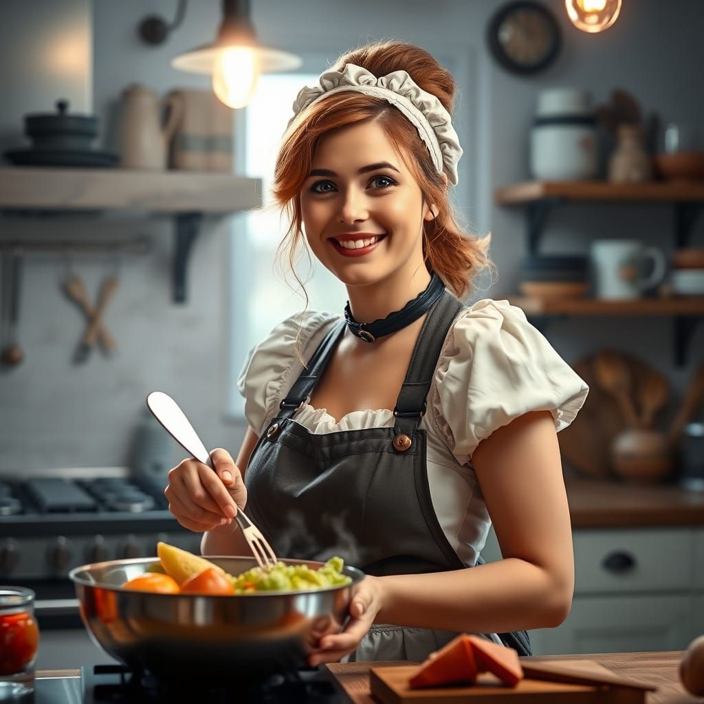Steampunk Tradwife Cooking Breakfast in a Vibrant Kitchen
