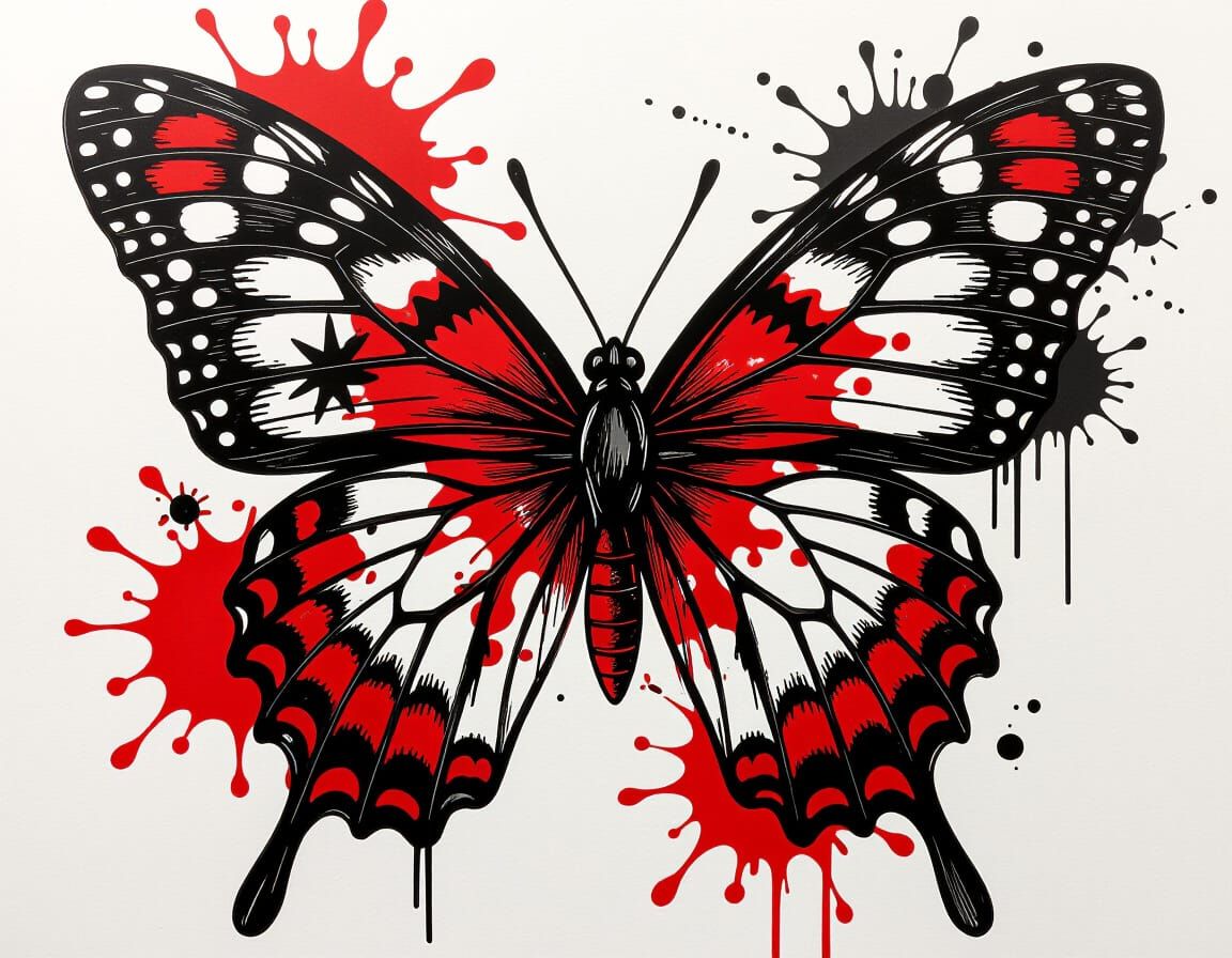 Butterfly in Russian Trash Polka Tattoo Style