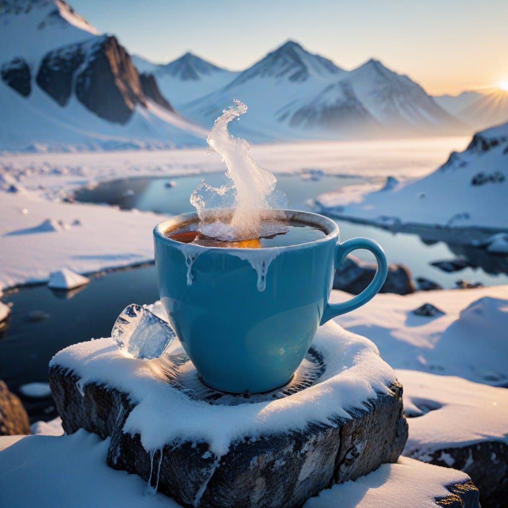 Surreal Arctic Landscape with Steaming Hot Tea