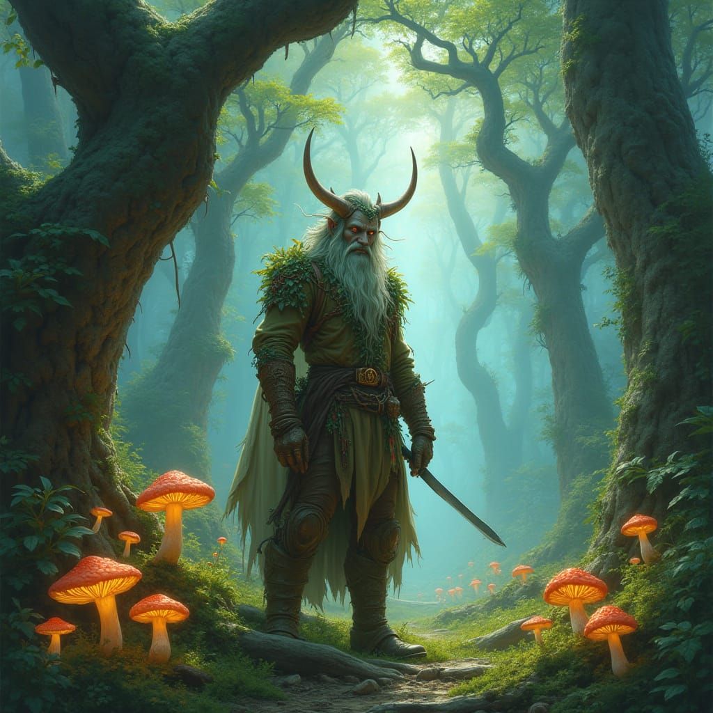 Ethereal Firbolg Ranger in Misty Forest with Glowing Mushroo...