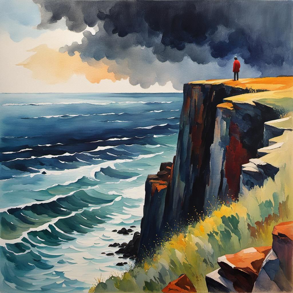 Contemplative Figure at Stormy Sea, Gouache Impressionism
