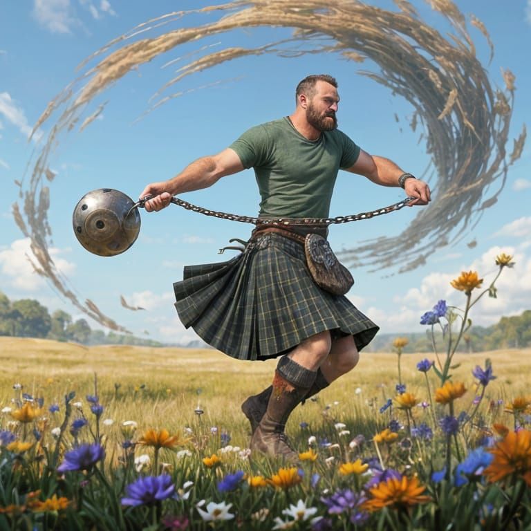 Burly Man Whirls Weight in Fantastical Field