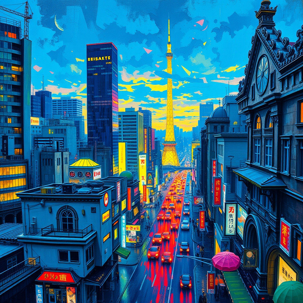Neo Tokyo Renaissance: Impressionist Cyberpunk Cityscape