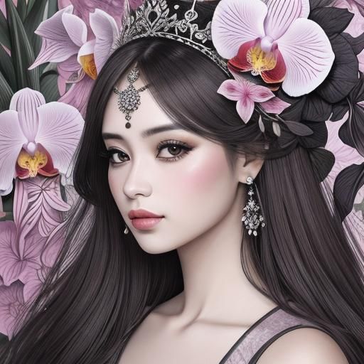 Girl Crowned with Pink Orchid Botanical Illustration