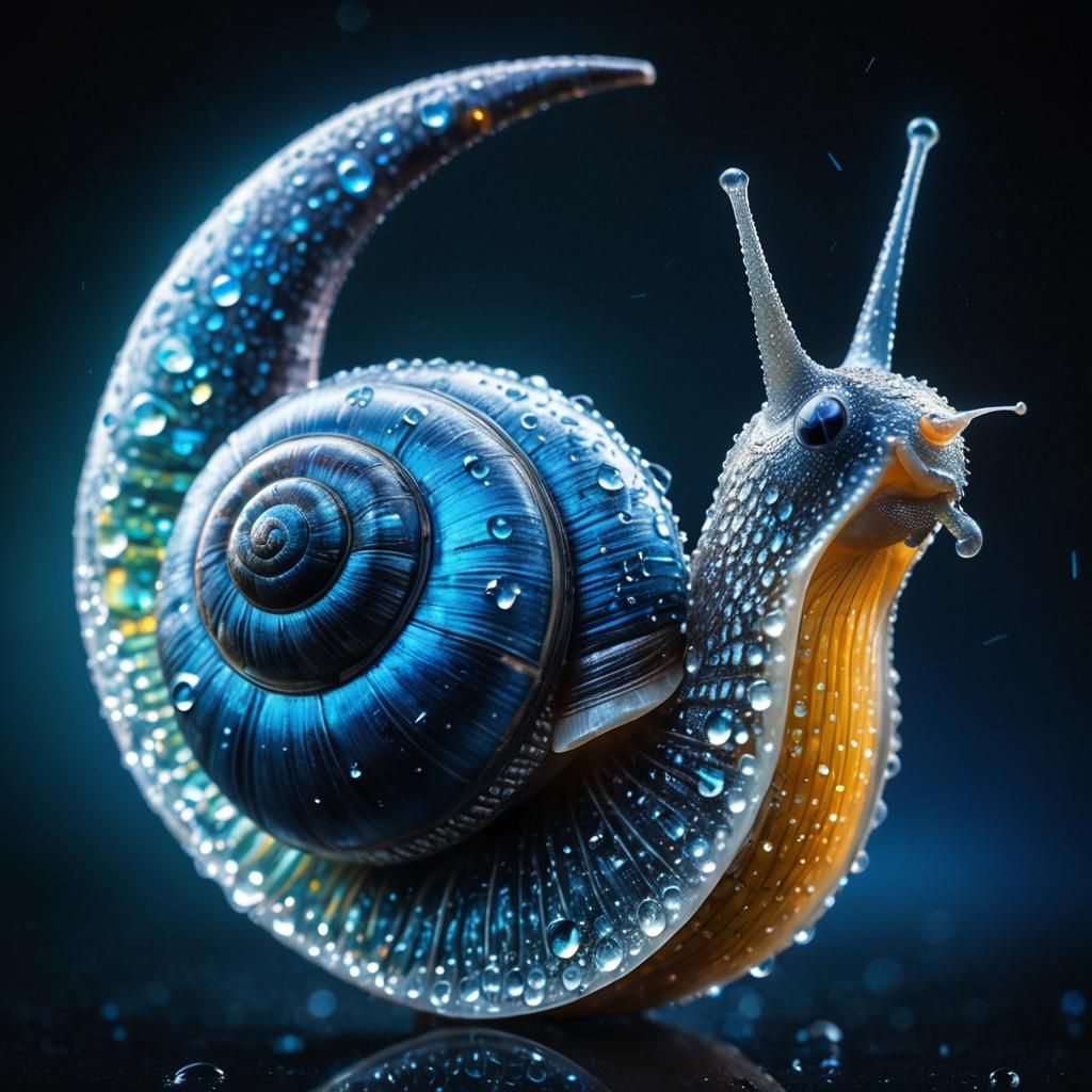 Blue-Shelled Snail with Moon in Macro Photography