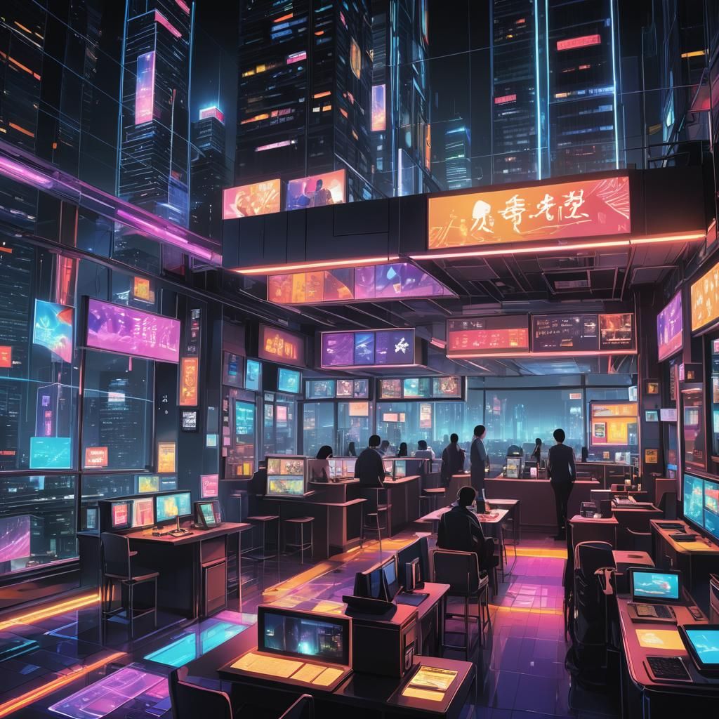 Futuristic Neon Cityscape: Internet Cafe at Night