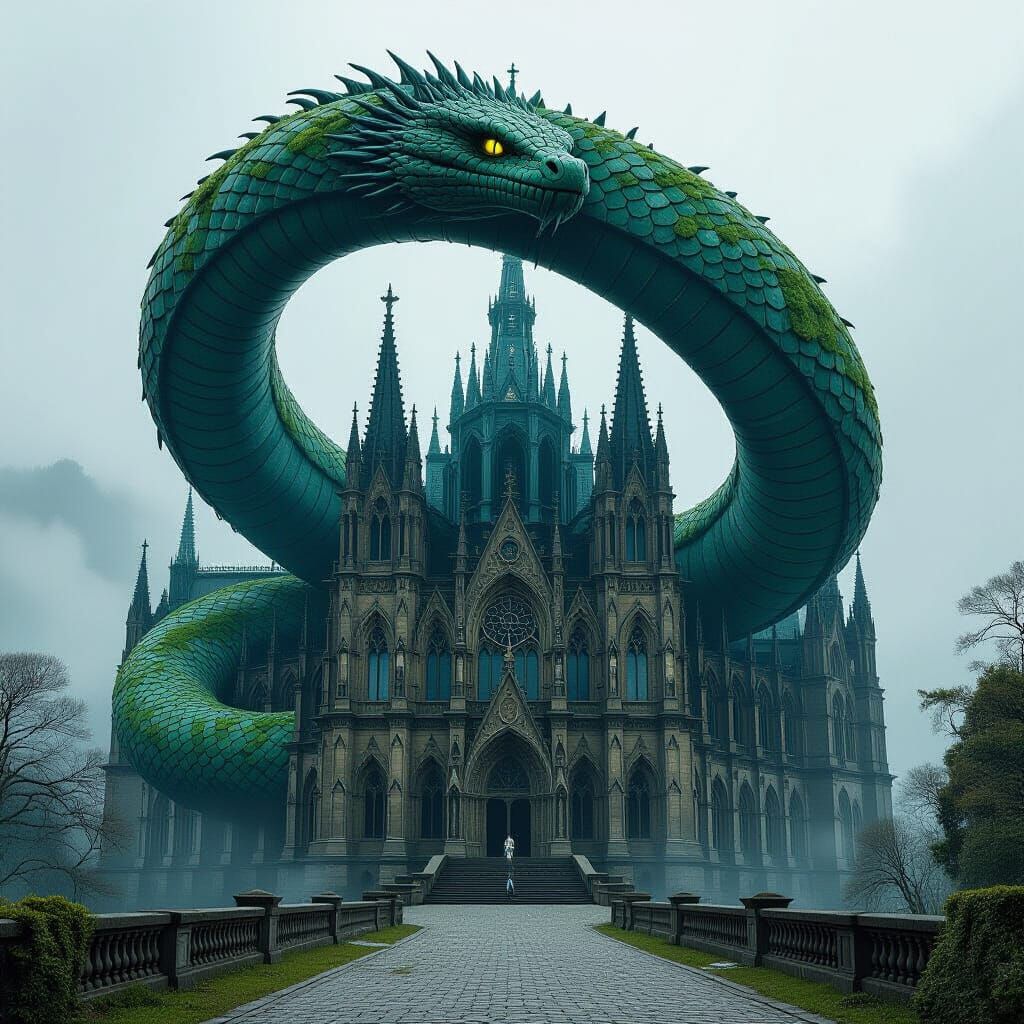Colossal Serpent Envelops Royal Palace in Gothic Style