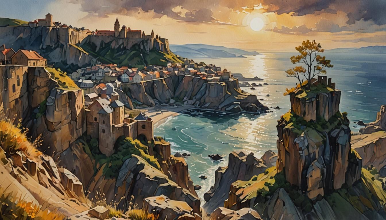 Fortress Town on Cliff in Mixed Media Painting