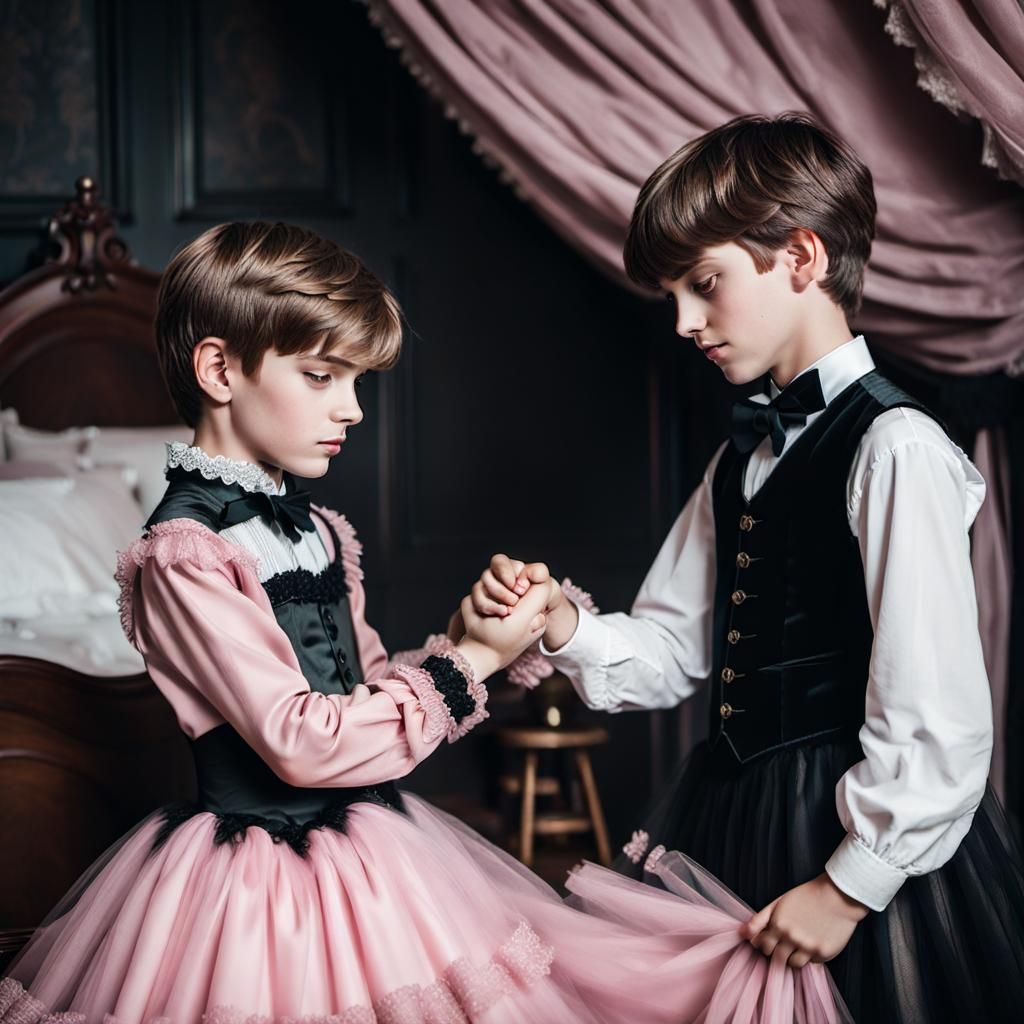 Boys in Victorian Dresses Shake Hands