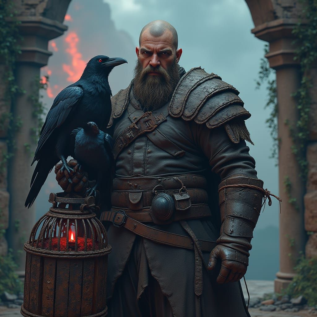 Barbarian Warrior Holds Raven Cage in Medieval Ruins