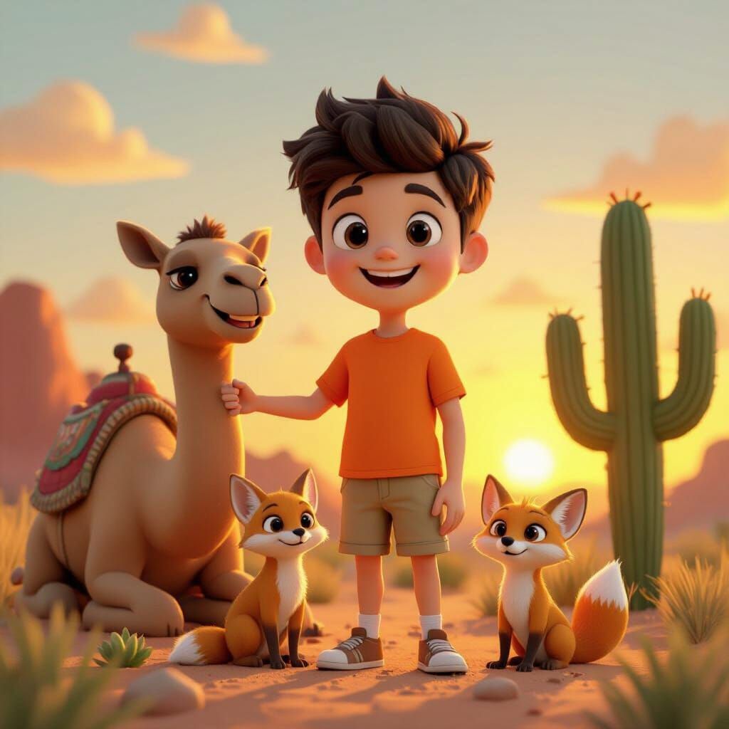 Cheerful 3D Cartoon Boy with Desert Friends