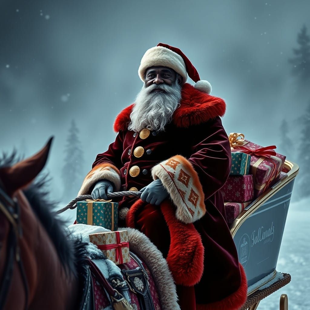 Regal Black Santa Claus on Majestic Quad Horse Sleigh