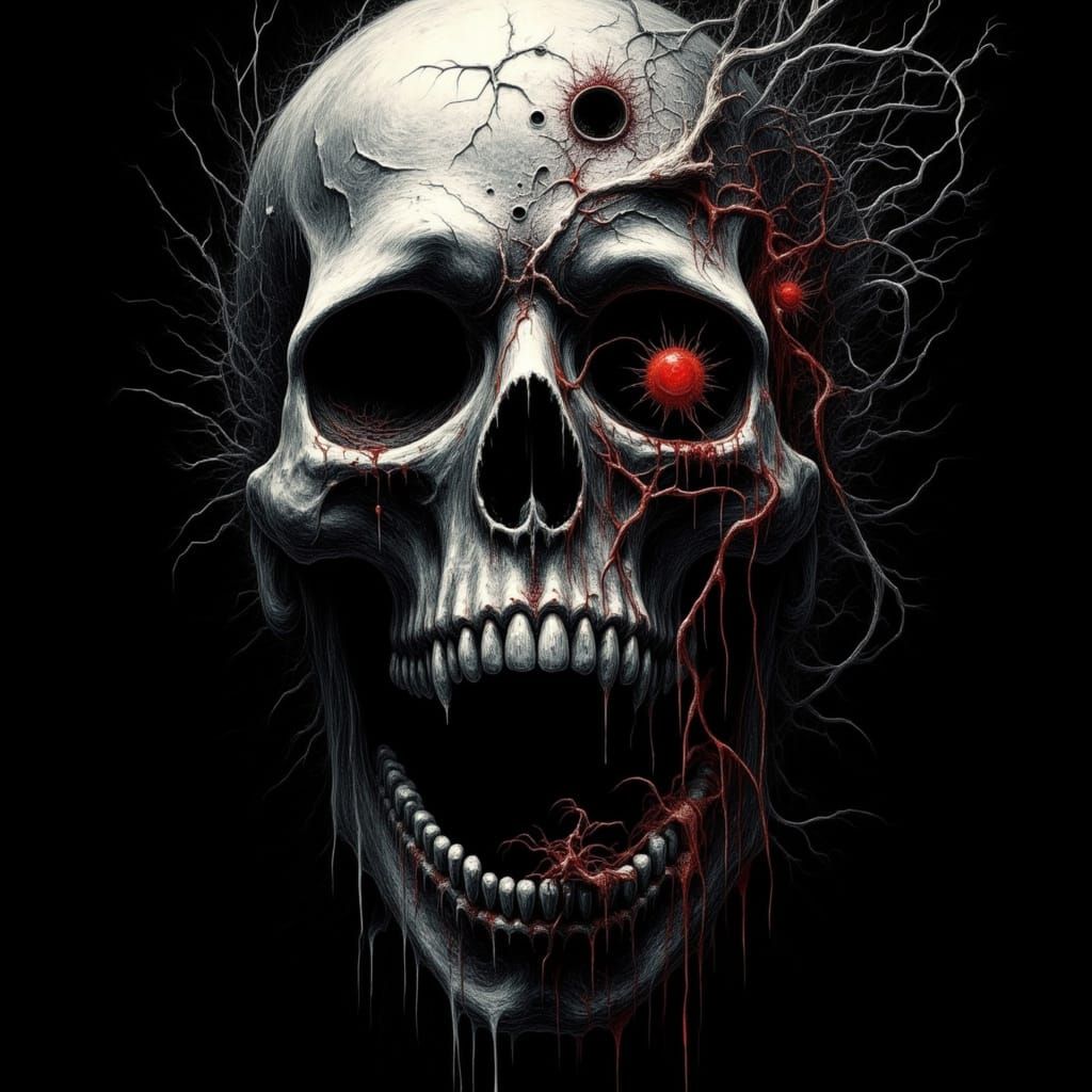 Skull with Worm in Abstract Horror Style