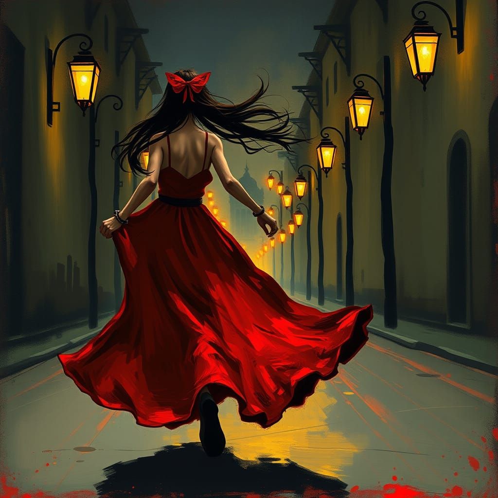 Girl in Red Dress Running, Neo-Impressionism Style