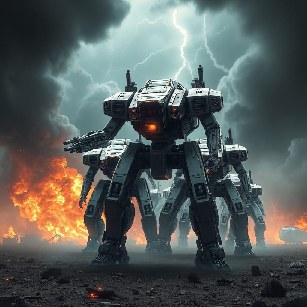 Storm Threatens Robot Army: Oil Painting