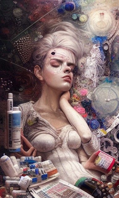 Medical Goddess Surrounded by Pills: Mixed Media Painting