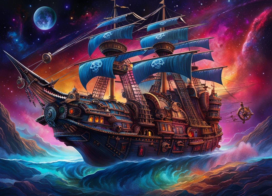 Futuristic Spaceship Pirate Ship in Galaxy