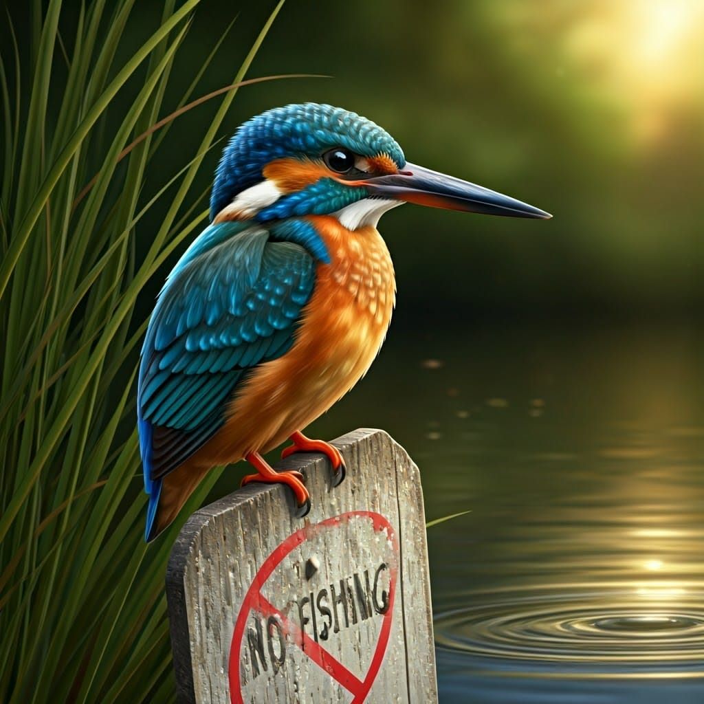 Kingfisher on No Fishing Sign: Hyper-Realistic Wildlife