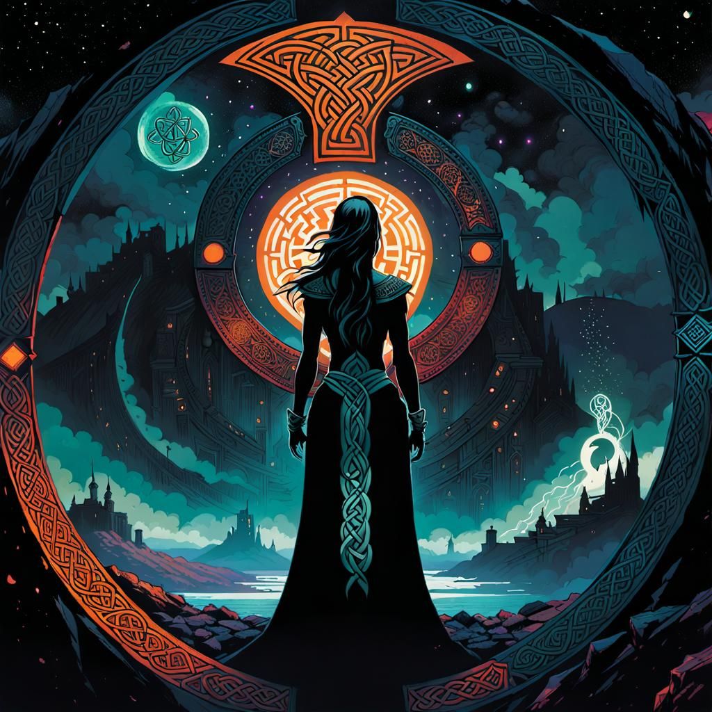 Celtic Goddess Morrigan looking into portal