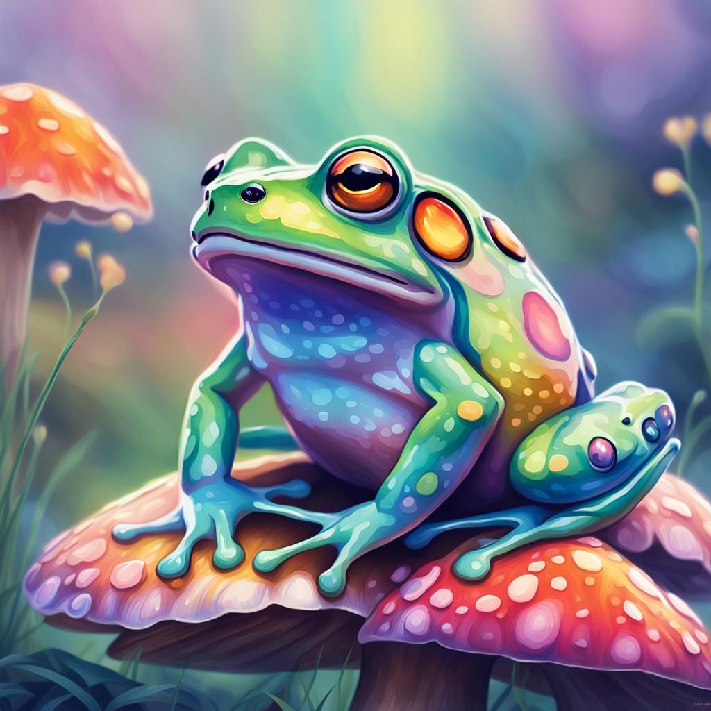 Rainbow Frog on Mushroom in Impressionistic Style