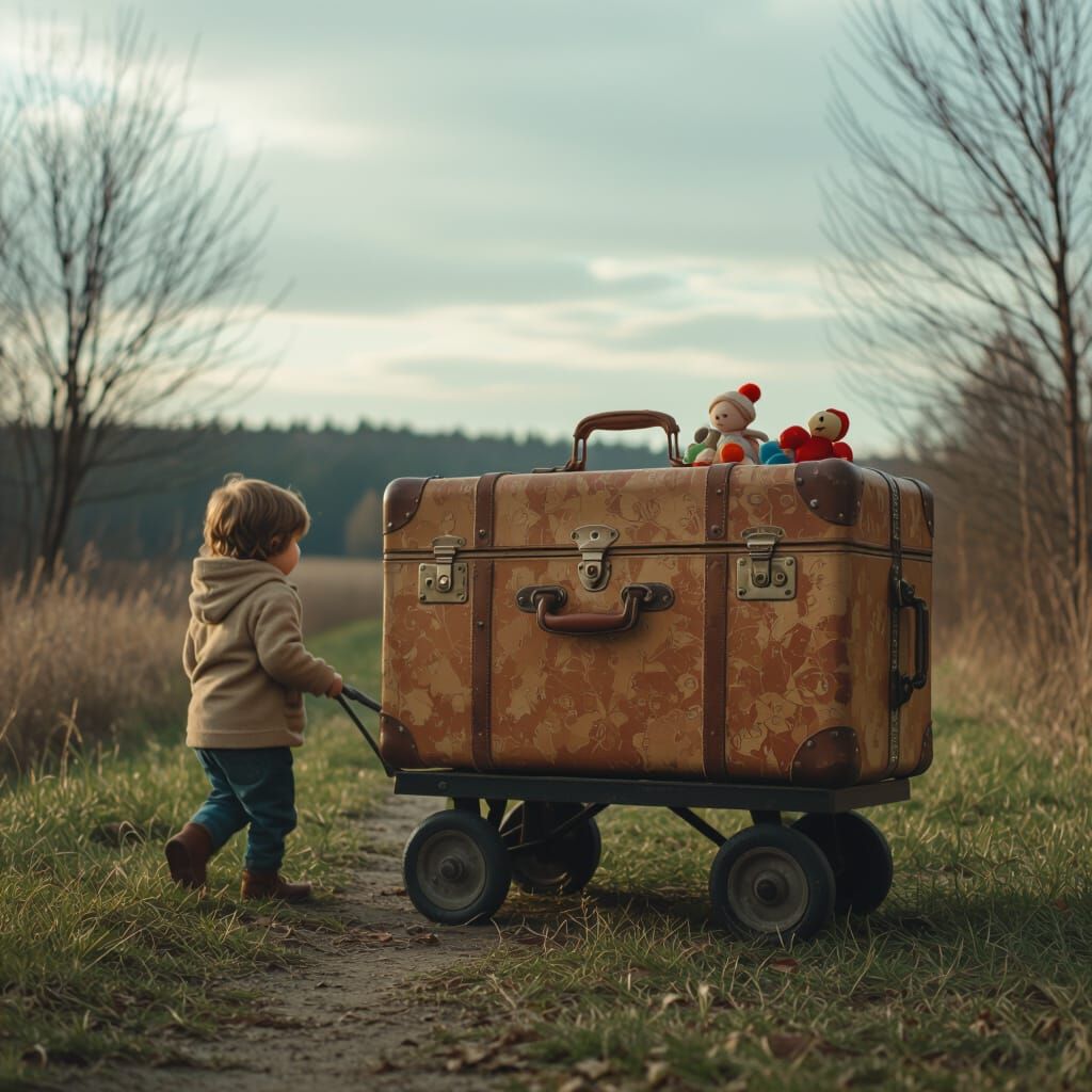 Cinematic Film Still of Child Pulling Wagon with Oversized S...