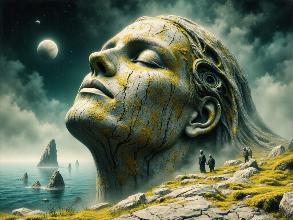 Colossal Mossy Stone Head on Island, Fantasy Comic Style