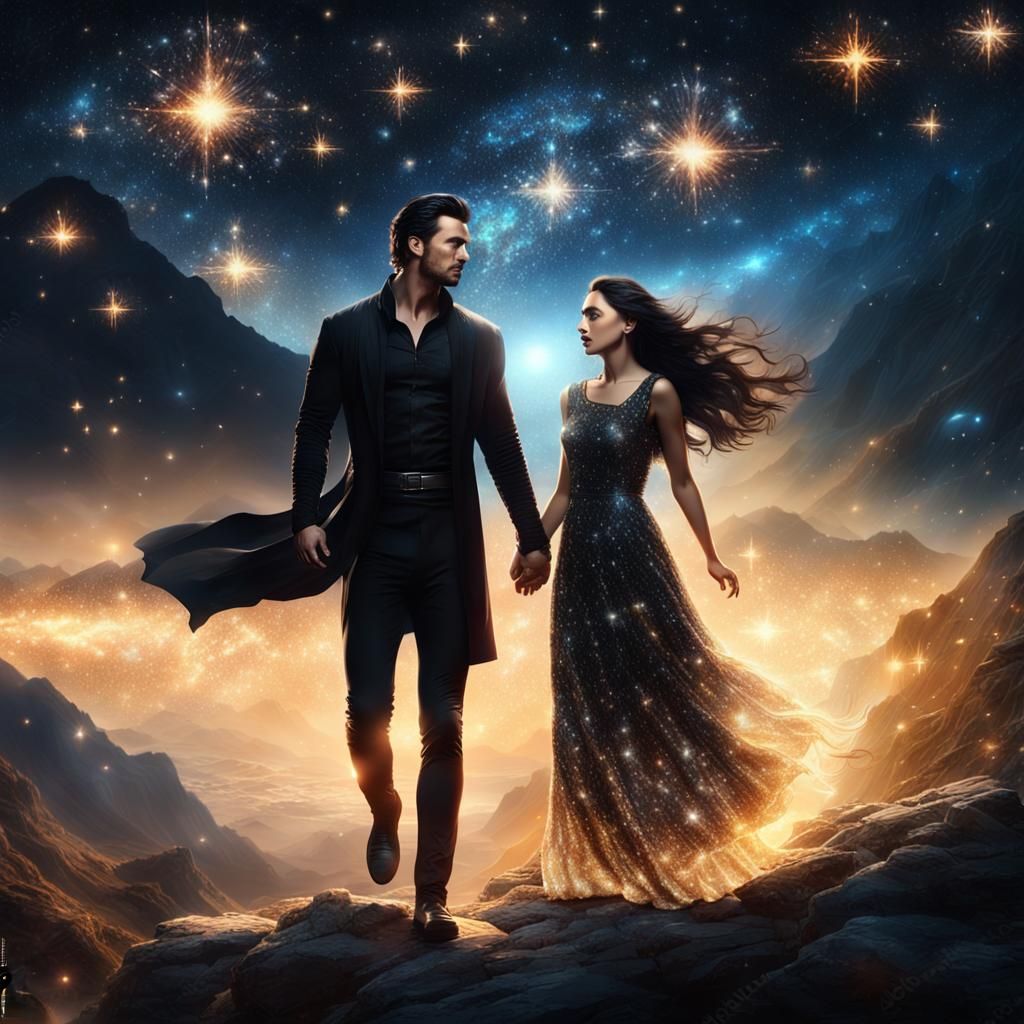 Fantasy Couple Embracing Under Starry Sky